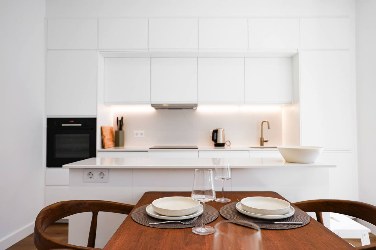 Cozinha equipada, armários e ilha, apartamento Picoas
